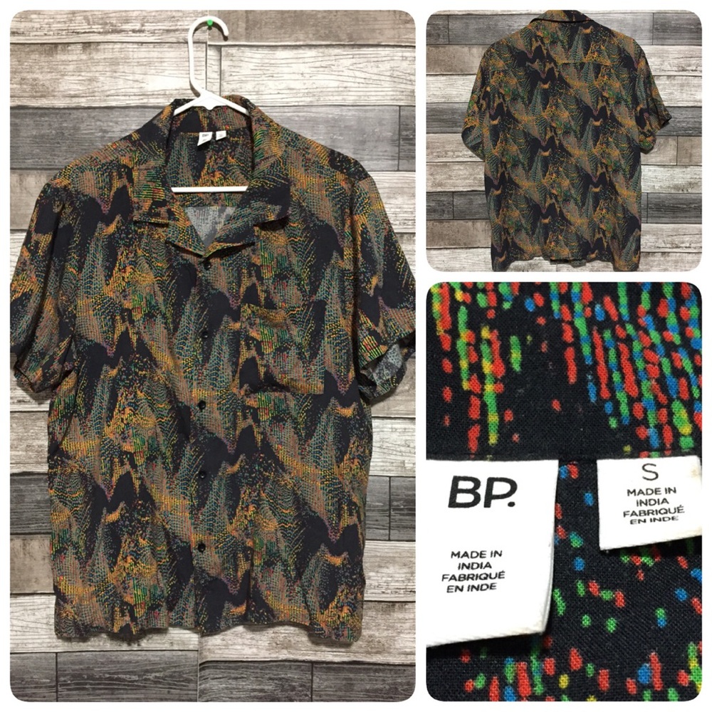 BP Rayon Button Up Shirt Men’s S Black Short Sleeve Patterned
